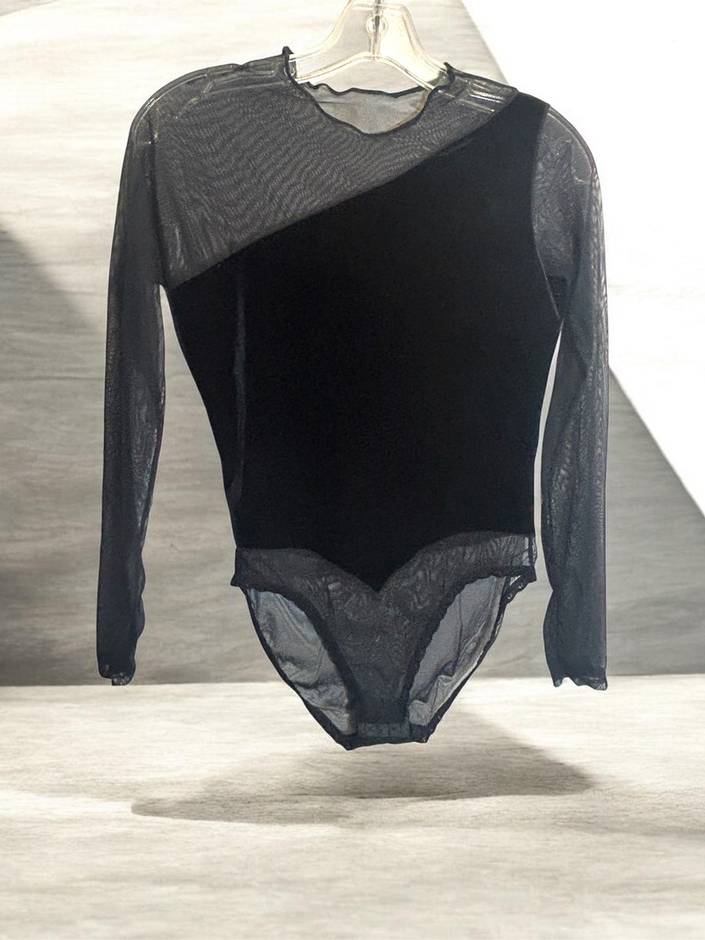 Vintage Christian Dior Black Sheer Mesh Velvet Long Sleeve Bodysuit vamp whimsy